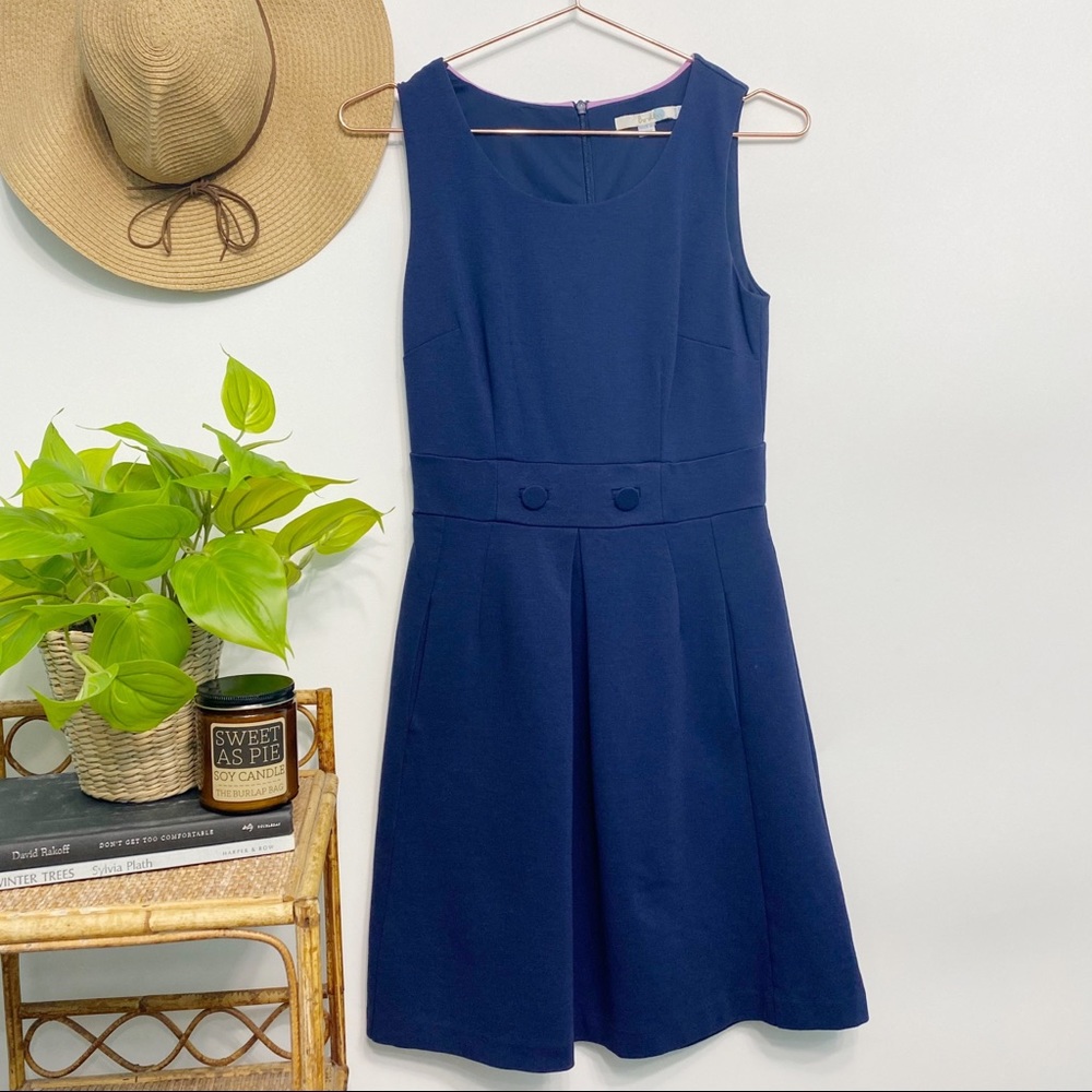 boden | navy ponte pleated button-waist fit and flare dress 2